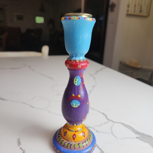 VINTAGE Y2K 2000 WOOD HAND PAINTED 🎨 CANDLE HOLDER SIGNED TERE 2000 - Picture 4 of 6